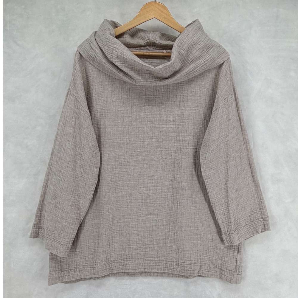 Soft Surroundings Women Oatmeal Linen Cotton Gauze Cowl Neck Top M Lagenlook